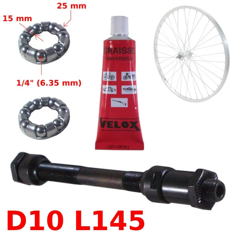 KIT AXE DE ROUE ARRIERE Ø 10mm Lg. 145mm GRAISSE ROULEMENT 3 KIT AXE DE ROUE ARRIERE Ø 10mm Lg. 145mm GRAISSE ROULEMENT